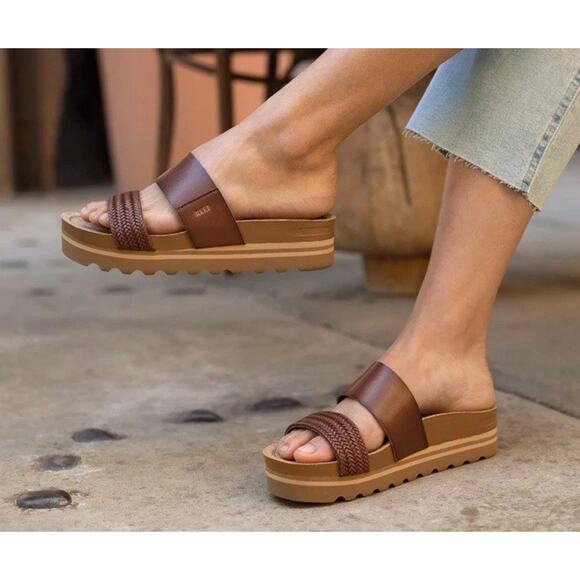 Reef Womens Cushion Vista Hi Two Strap Braid Brown Platform Cork Sandals Size 7 - Picture 1 of 10